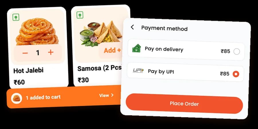 फुर्तिलो ऐप में कार्ट में जुड़ी डिश, और पेमेंट स्क्रीन जिसमें UPI या डिलीवरी पर पैसे देने का विकल्प है