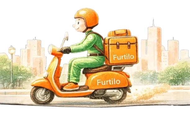 A Furtilo delivery rider on a branded orange scooter, carrying a Furtilo delivery box through the city