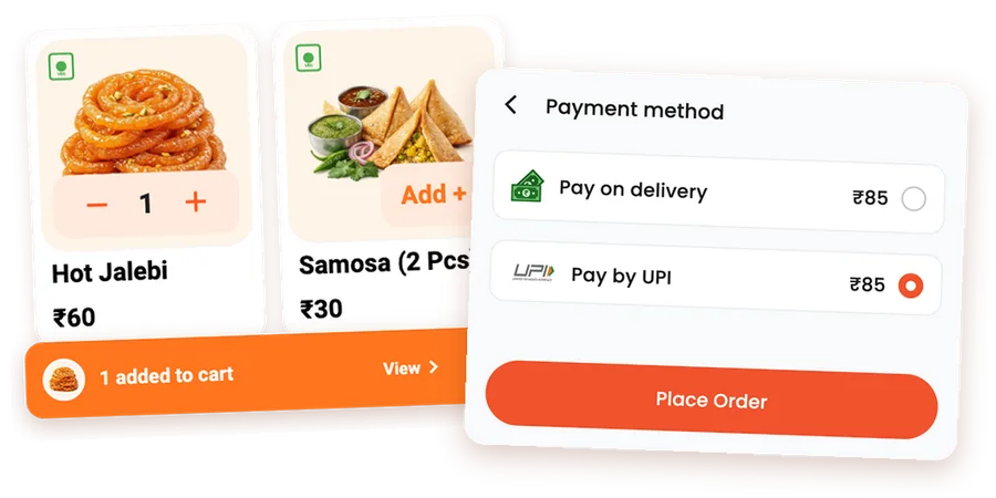 फुर्तिलो ऐप में कार्ट में जुड़ी डिश, और पेमेंट स्क्रीन जिसमें UPI या डिलीवरी पर पैसे देने का विकल्प है